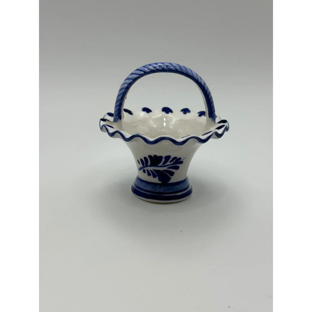 Vintage 1984 Handpainted Delft Blue Miniature Ceramic Basket Windmill DALC